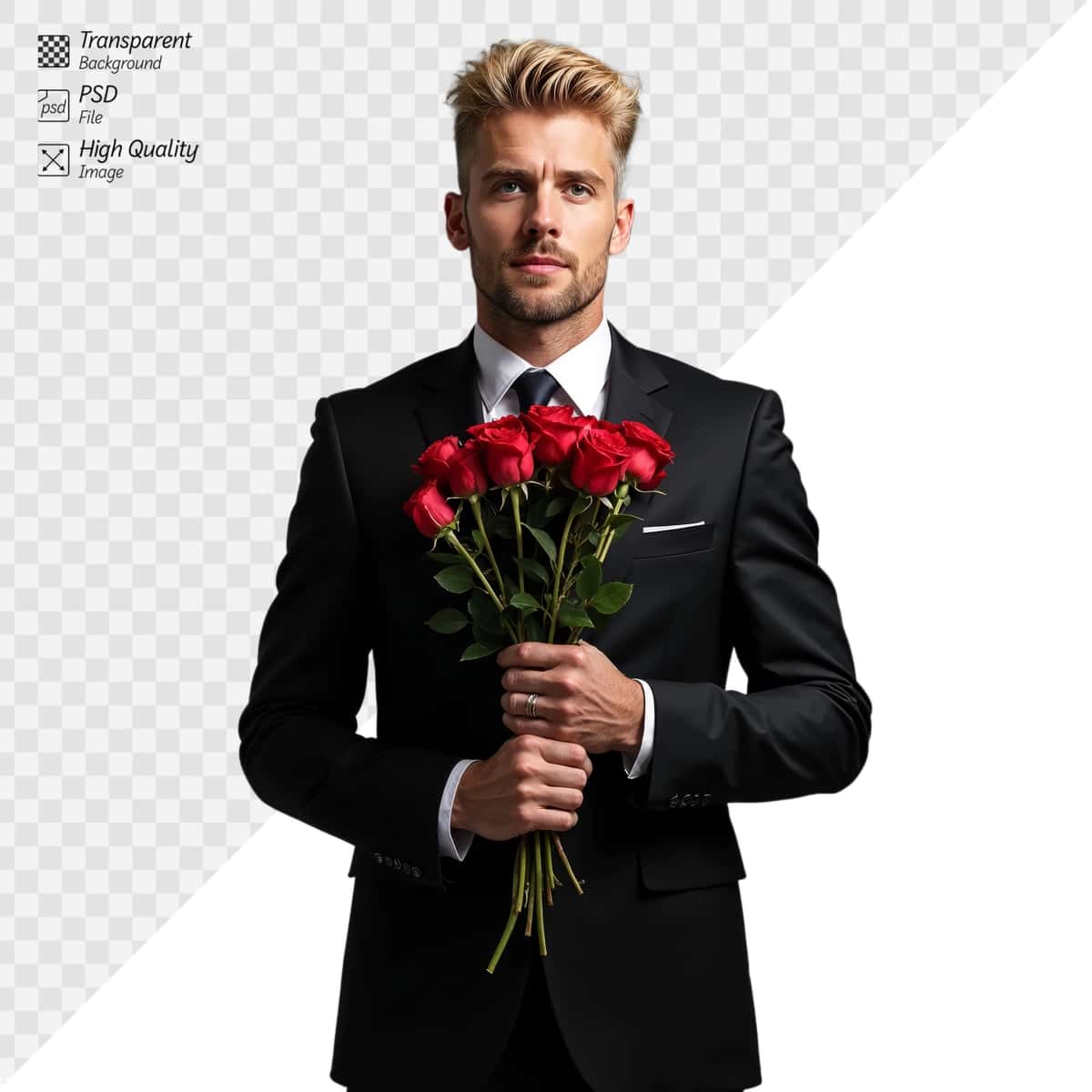 Jiddiy ifoda bilan guldasta qizil atirgul tutgan qora kostyum | Man black suit holding bouquet red roses with serious expression 1