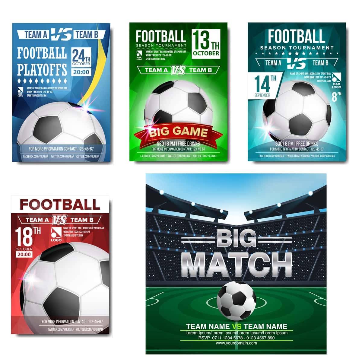 Futbol futbol o'yini flayeri turniri vektor to'plami | Football soccer match flyer poster tournament vector set 1
