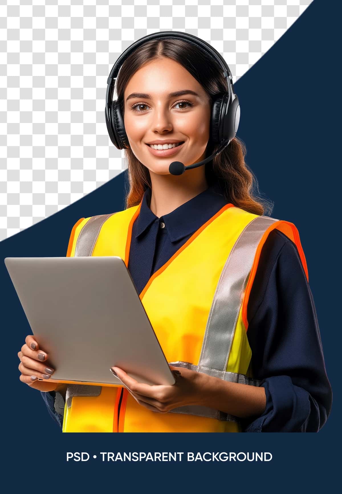Mikrofonli ko'k fonda ekranli himoya kamzuli kiygan ayol | Woman wearing safety vest with microphone blue background with screen 1