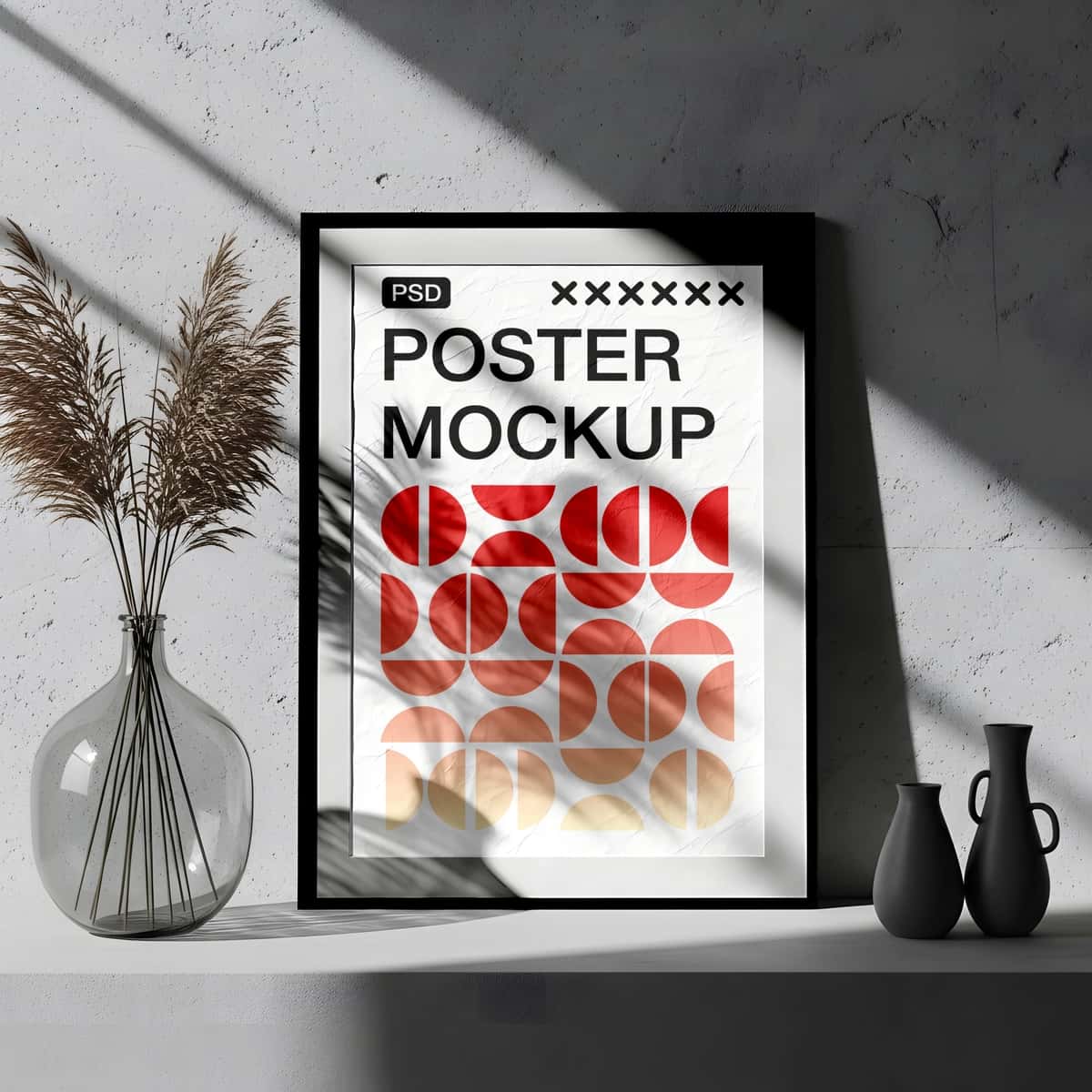 Pampas o'ti soyasi bilan qoplangan ramkali poster maket | Framed poster mockup with pampas grass shadow overlay 1