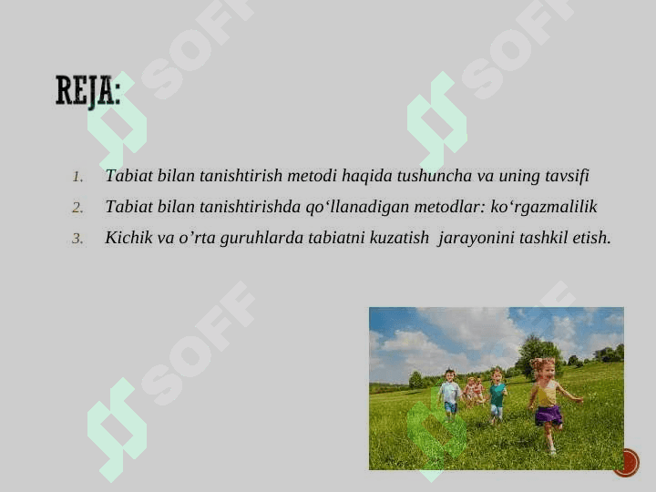 KICHIK VA O'RTA GURUHLARDA TABIATNI KUZATISH ISHLARINI  TASHKIL ETISH MAZMUNI 2