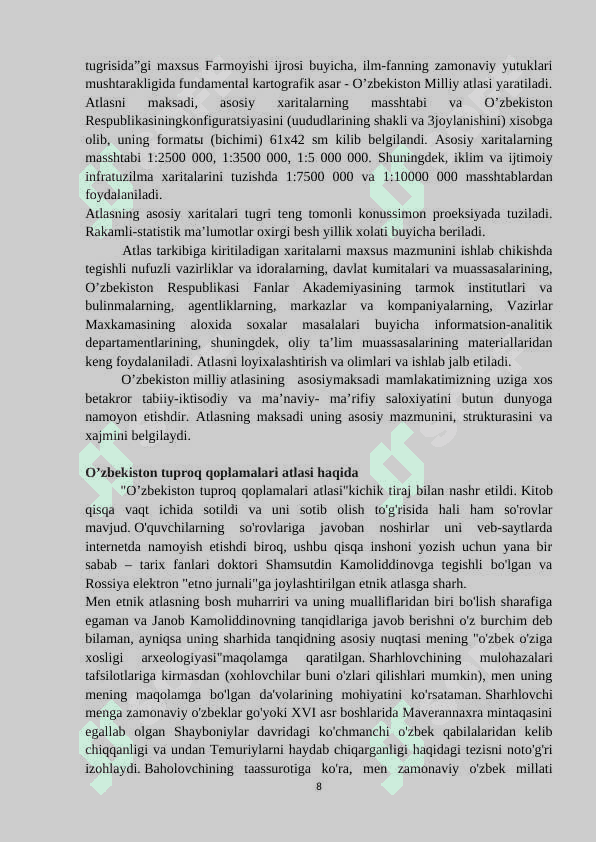 2010-yili chop etilgan Oʻzbekiston respublikasi tuproq qoplamlari atlasini oʻrganish va tahlil qilish” 8