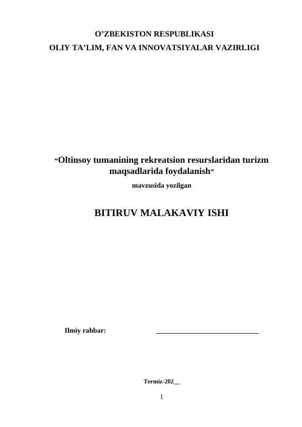 Oltinsoy tumanining rekreatsion resurslaridan turizm maqsadlarida foydalanish