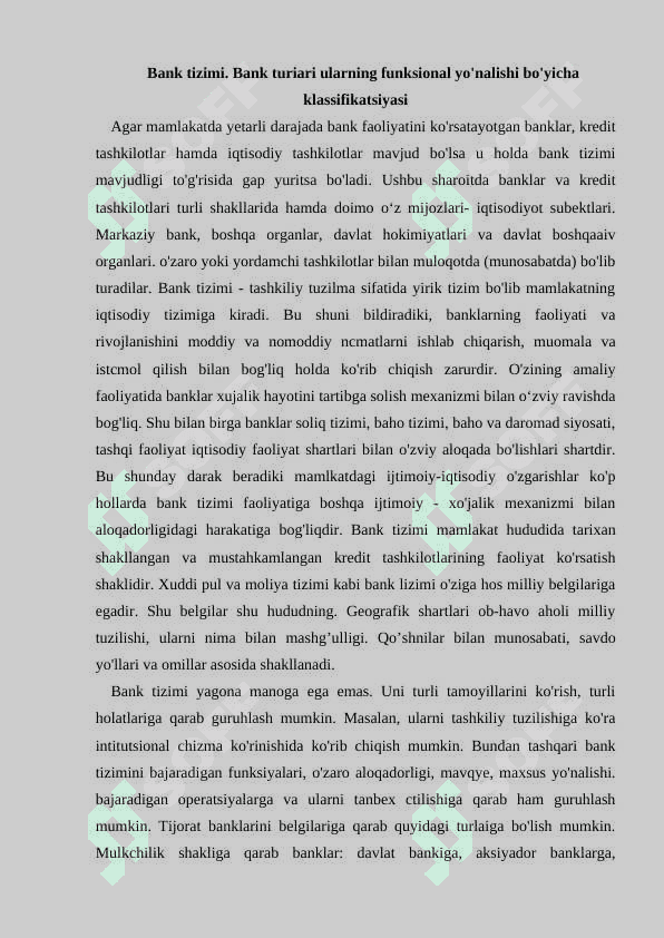 BANKNING PAYDO BO'LISHI ZARURLIGI VA FUNKSIYALARI BANK TURLARI 2