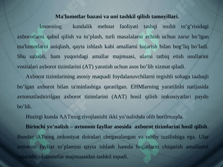 Ma'lumotlar bazalari bilan ishlash texnologiyalari 2