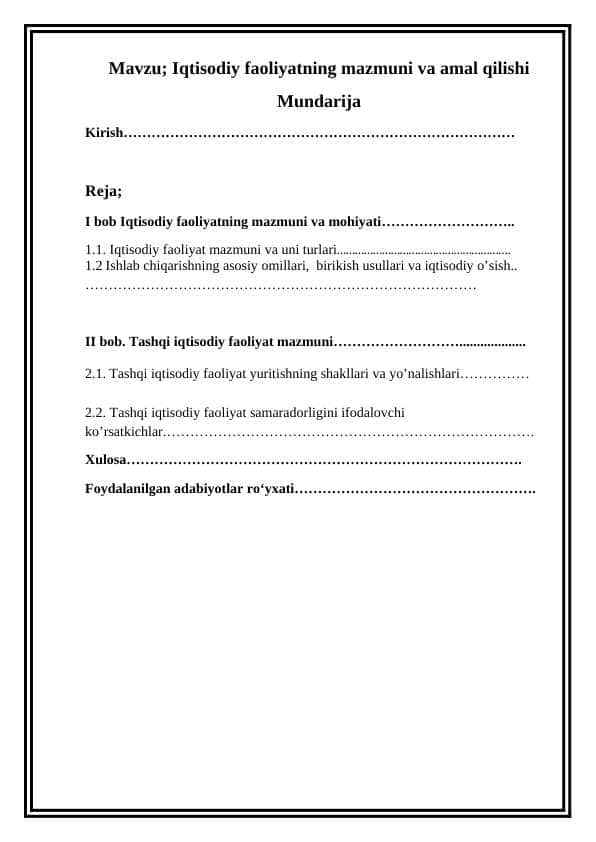 Iqtisodiy faoliyatning mazmuni va amal qilishi