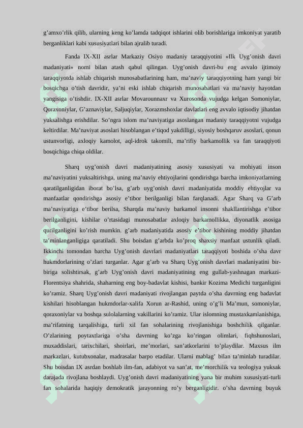IX – XII asrlarda mamlakatimiz hududida ro’y bergan madaniy uygonish (renessans). Buyuk allomalarning jahon silivizatsiyasiga qo’shgan hissasi 6