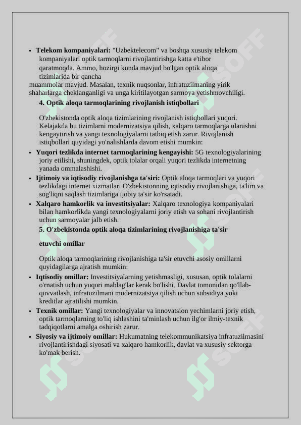O'zbekiston Respublikasida optik aloqa tizimlari va tarmoqlarining xolati va rivojlanish istiqbollari. 3