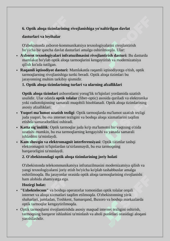 O'zbekiston Respublikasida optik aloqa tizimlari va tarmoqlarining xolati va rivojlanish istiqbollari. 4