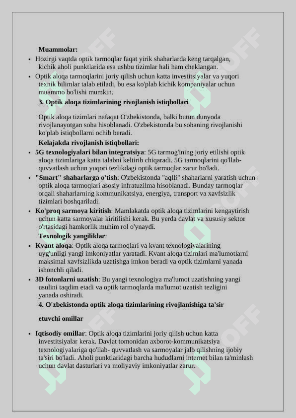 O'zbekiston Respublikasida optik aloqa tizimlari va tarmoqlarining xolati va rivojlanish istiqbollari. 5