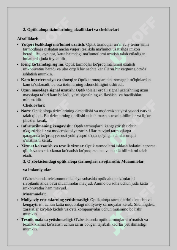 O'zbekiston Respublikasida optik aloqa tizimlari va tarmoqlarining xolati va rivojlanish istiqbollari. 7
