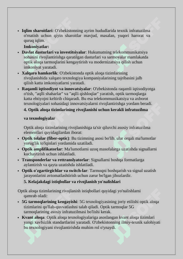 O'zbekiston Respublikasida optik aloqa tizimlari va tarmoqlarining xolati va rivojlanish istiqbollari. 8