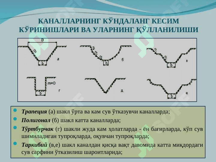 Каналларнинг кўндаланг кесими, уларга қўйиладиган талаблар 3