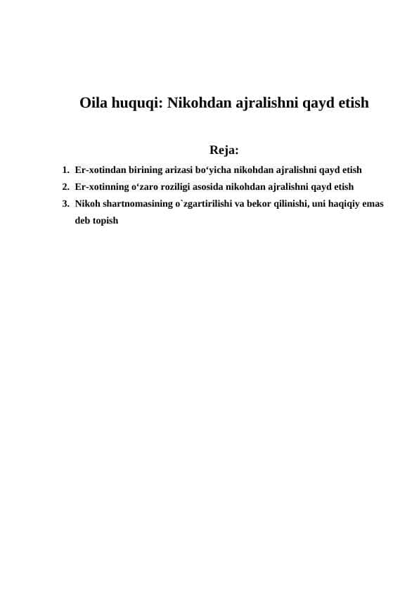 Oila huquqi Nikohdan ajralishni qayd etish
