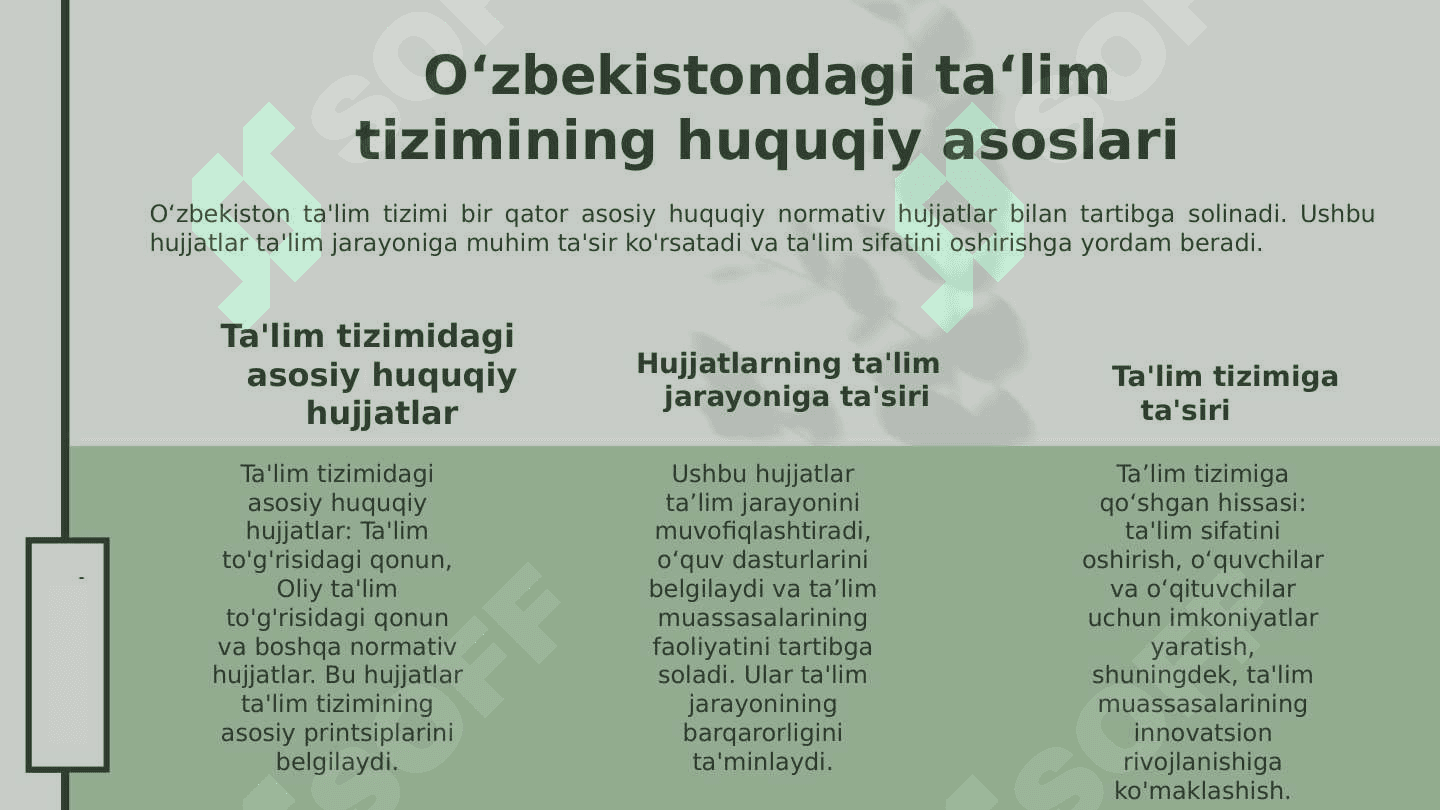O‘zbekistonda ta'lim tizimini modernizatsiyalash jarayonlari. Ta'lim tizimining huquqiy–me'yoriy asoslari 3