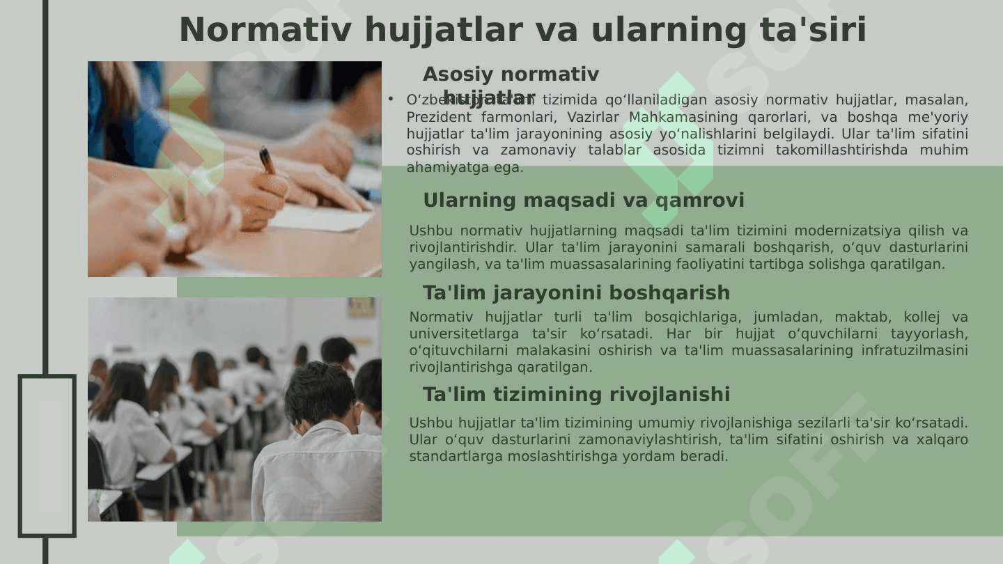 O‘zbekistonda ta'lim tizimini modernizatsiyalash jarayonlari. Ta'lim tizimining huquqiy–me'yoriy asoslari 5