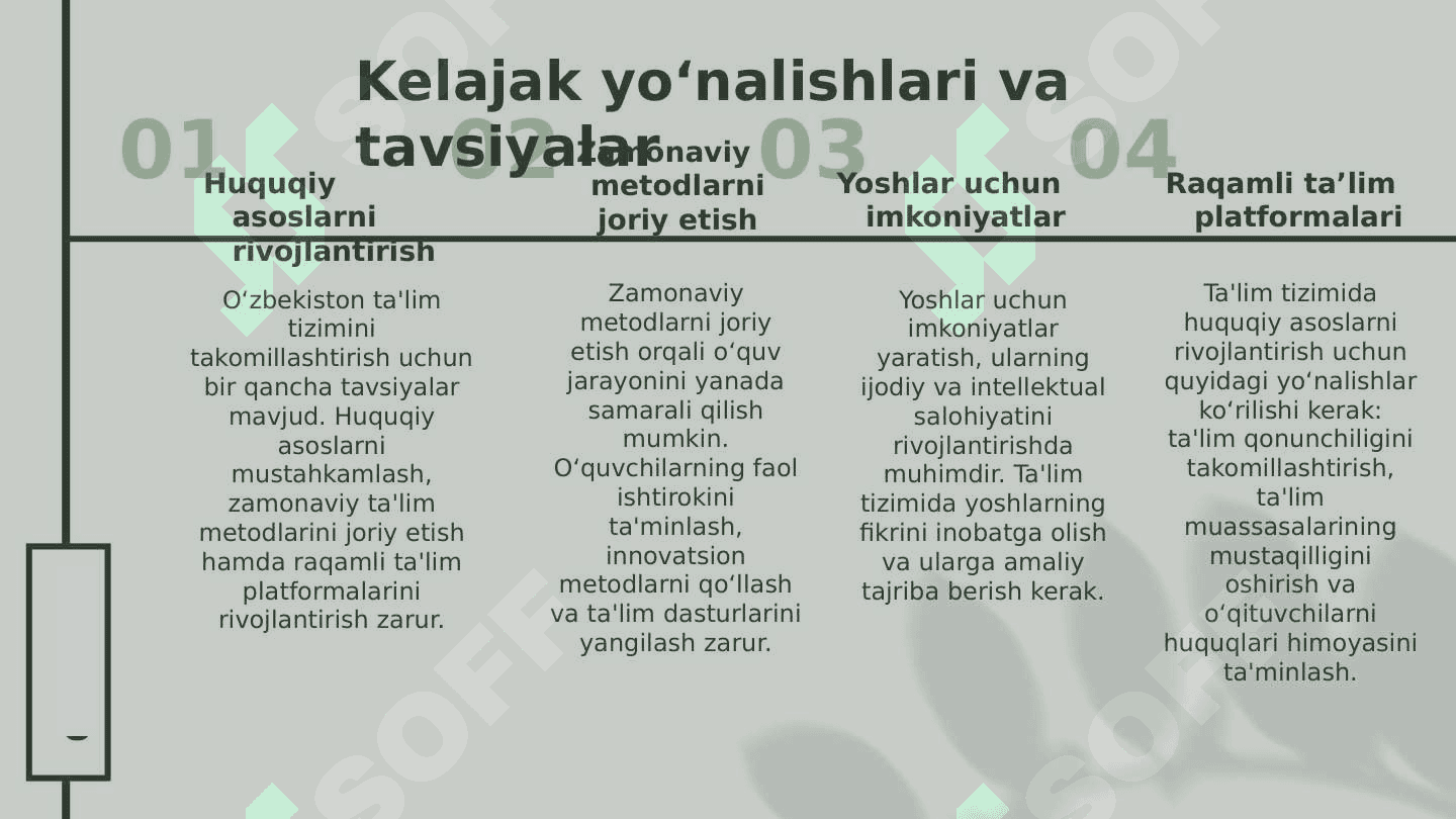 O‘zbekistonda ta'lim tizimini modernizatsiyalash jarayonlari. Ta'lim tizimining huquqiy–me'yoriy asoslari 8