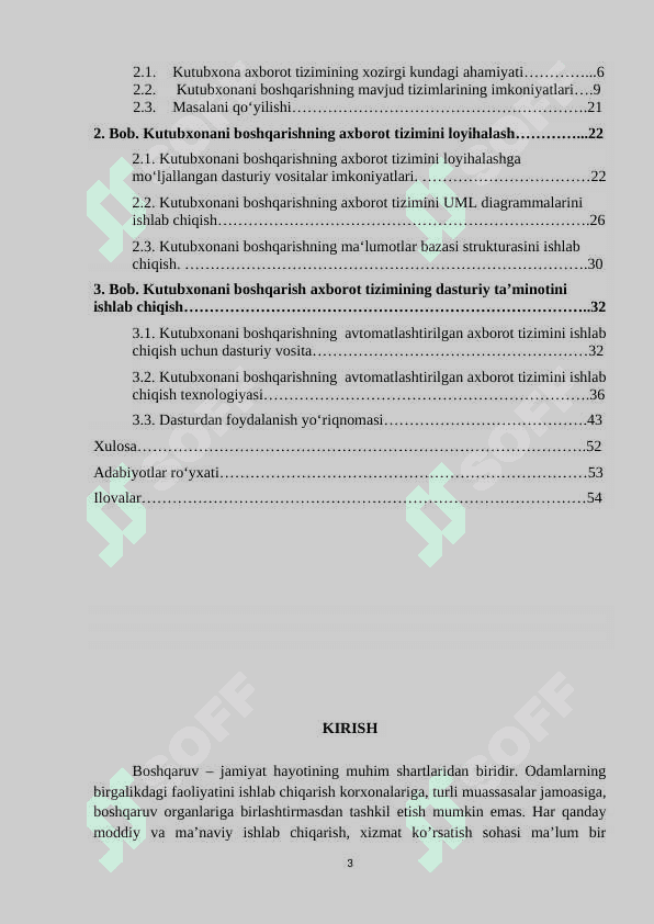 “Kutubxonani boshqarishning axborot tizimini yaratish” nomli kurs ishining mumkin bo‘lgan mundarijasi quyidagichadir 3