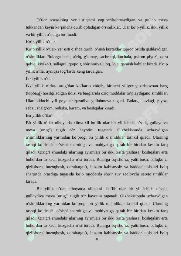 TABIIY FANLAR DARSLIGI ASOSIDA "TUBAN ÒSIMLIKLAR" MAVZUSINI ÒRGATISHNING NAZARIY VA METODIK ASOSLARI 8