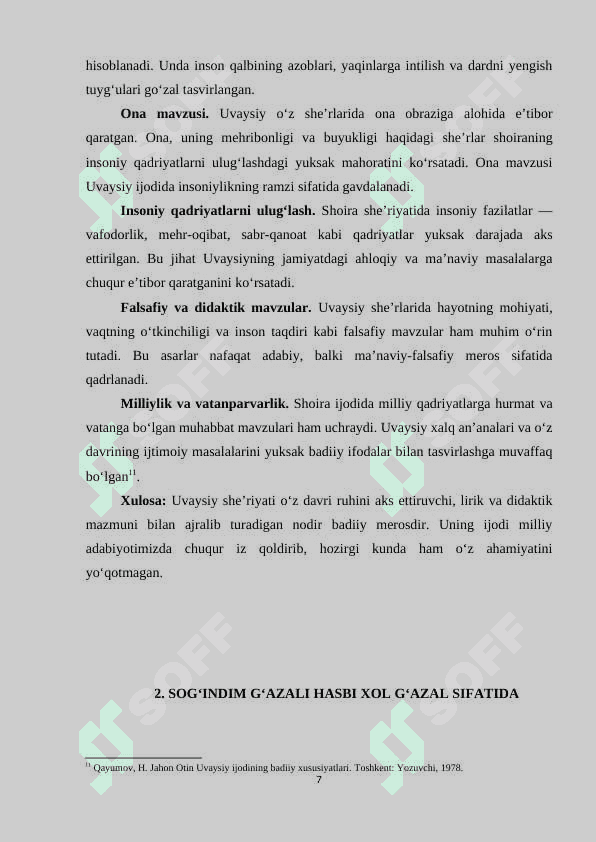 Uvaysiyning “Sog‘indim” radifli g‘azali bilan Ona mavzusida yaratilgan she’rlarning qiyosiy tahlili 7