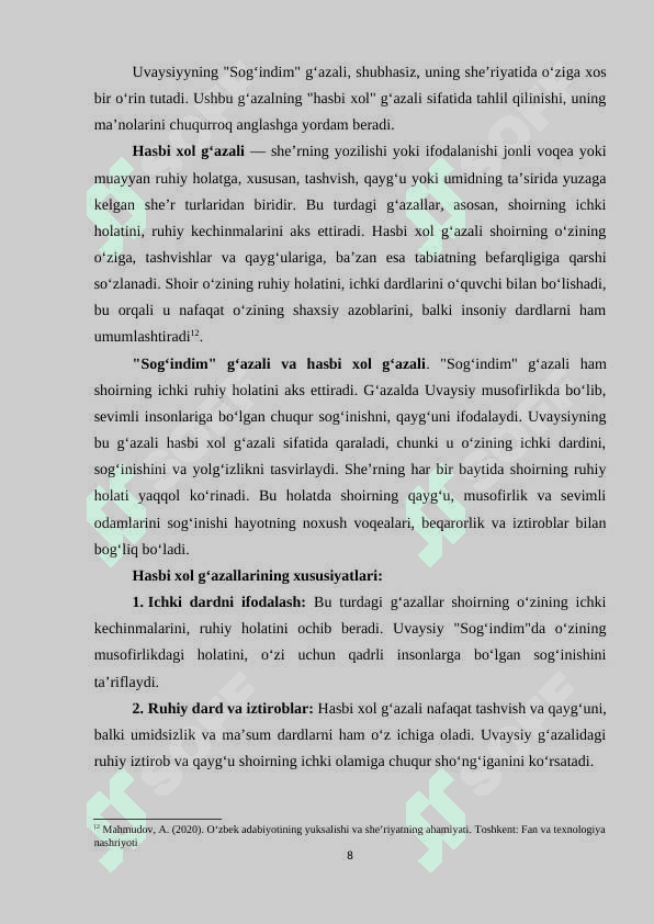 Uvaysiyning “Sog‘indim” radifli g‘azali bilan Ona mavzusida yaratilgan she’rlarning qiyosiy tahlili 8