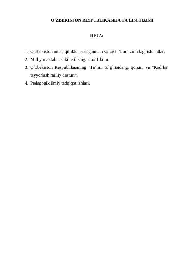 O’ZBEKISTON RESPUBLIKASIDA TA’LIM TIZIMI