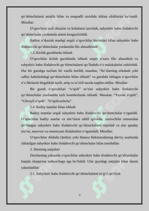 O‘QUVCHILARNING SUBYEKTIV  BAHO IFODALOVCHI QO‘SHIMCHALAR USLUBIYATI USTIDA ISHLASH MALAKALARINI RIVOJLANTIRISH (10-SINF MISOLIDA) 8