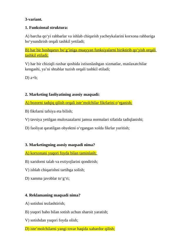 Menejment 3 qism test savol javoblar