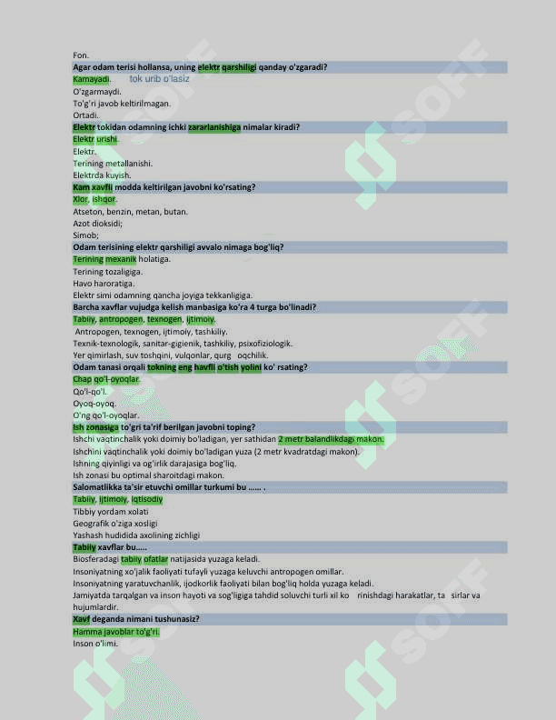 Hayot faoliyati xavfsizligi fanidan yakuniy baza testi 3-kurs TATU 2