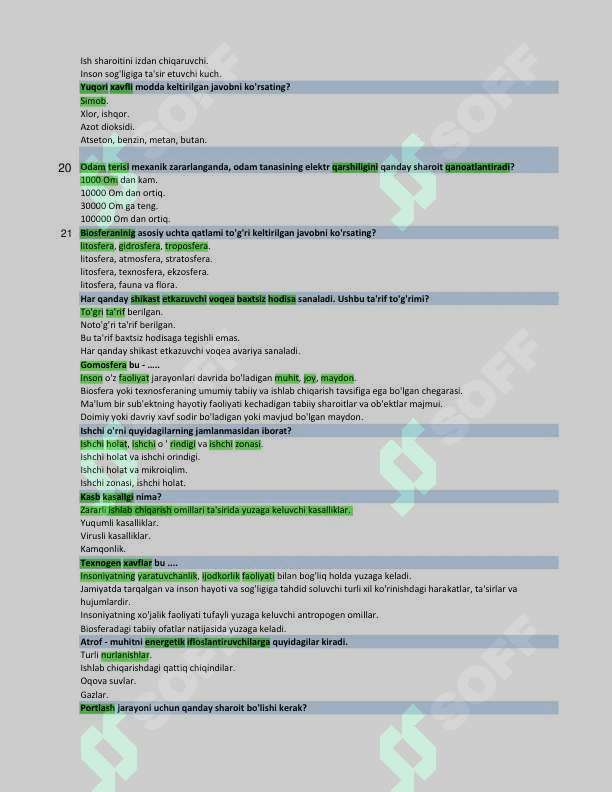 Hayot faoliyati xavfsizligi fanidan yakuniy baza testi 3-kurs TATU 3