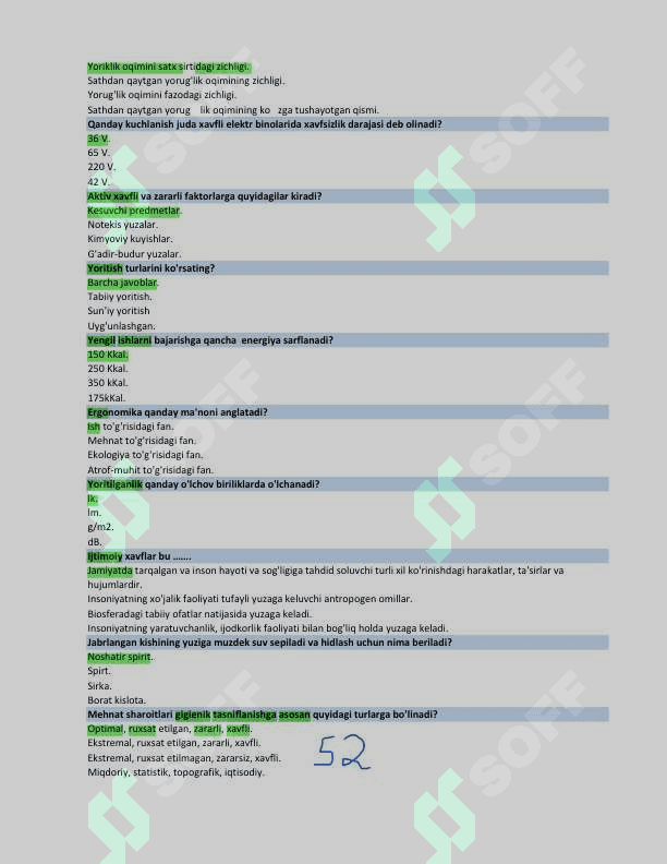 Hayot faoliyati xavfsizligi fanidan yakuniy baza testi 3-kurs TATU 6