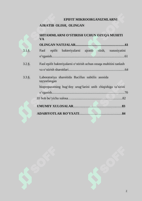 O'SIMLIKLAR UCHUN EPIFIT MIKROORGANIZMLAR ASOSIDA BIOPREPARATLAR TAYYORLASH VA ULARNING SAMARADORLIGINI OSHIRISH 2
