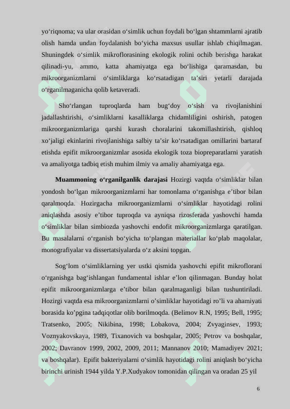 O'SIMLIKLAR UCHUN EPIFIT MIKROORGANIZMLAR ASOSIDA BIOPREPARATLAR TAYYORLASH VA ULARNING SAMARADORLIGINI OSHIRISH 6