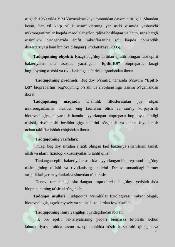 O'SIMLIKLAR UCHUN EPIFIT MIKROORGANIZMLAR ASOSIDA BIOPREPARATLAR TAYYORLASH VA ULARNING SAMARADORLIGINI OSHIRISH 7