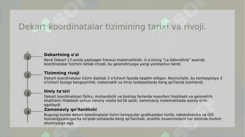 To'g'ri chiziqda koordinatalar tekislikda dekart koordinatalar sistemasi kesmani berilgan nisbatda bo'lish fazoda dekart koordinatalar sistemasi ikki nuqta orasidagi masofa 3