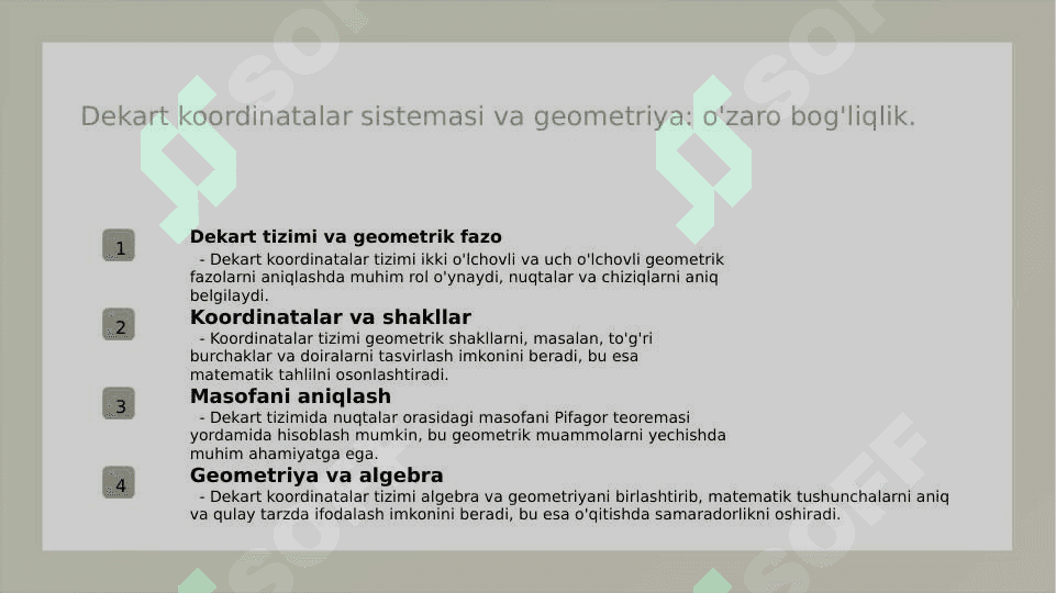 To'g'ri chiziqda koordinatalar tekislikda dekart koordinatalar sistemasi kesmani berilgan nisbatda bo'lish fazoda dekart koordinatalar sistemasi ikki nuqta orasidagi masofa 6