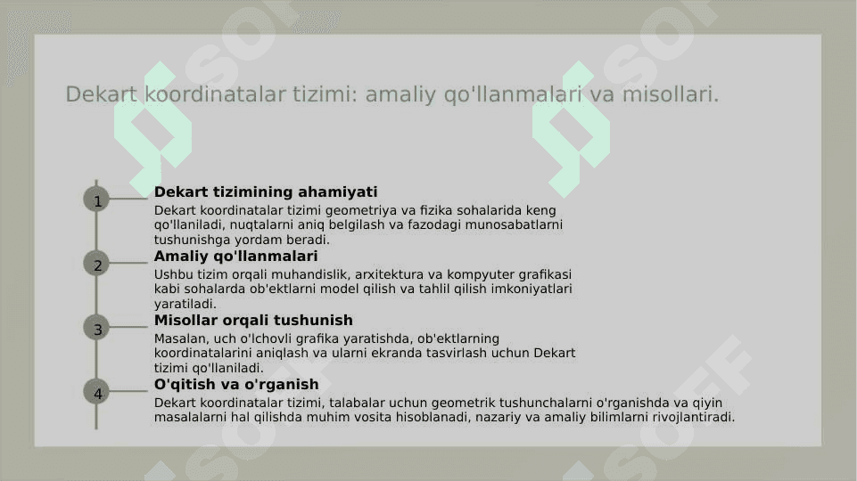 To'g'ri chiziqda koordinatalar tekislikda dekart koordinatalar sistemasi kesmani berilgan nisbatda bo'lish fazoda dekart koordinatalar sistemasi ikki nuqta orasidagi masofa 8