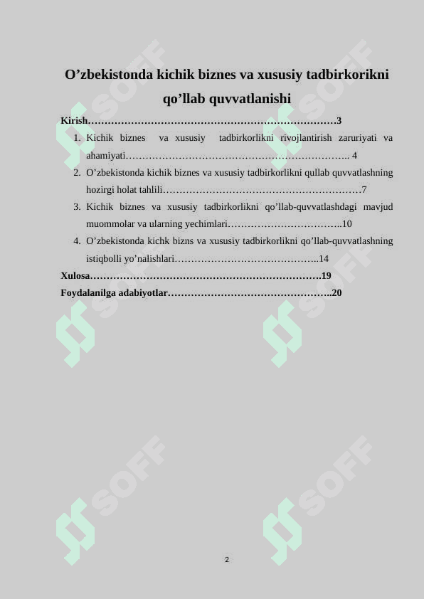 O’zbekistonda kichik biznes va xususiy tadbirkorikni qo’llab quvvatlanishi 2