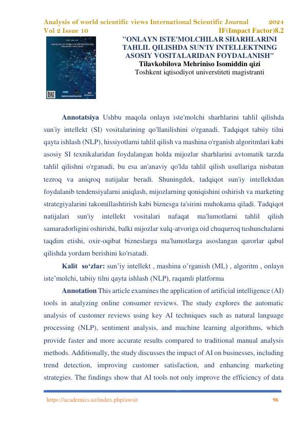 ONLAYN ISTE'MOLCHILAR SHARHLARINI  TAHLIL QILISHDA SUN'IY INTELLEKTNING  ASOSIY VOSITALARIDAN FOYDALANISH