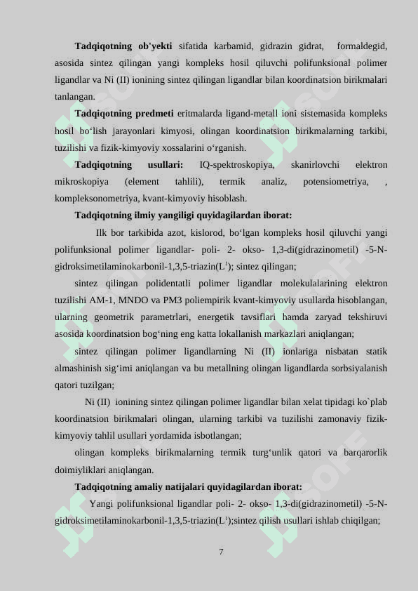Ni (II) ning tarkibida azot, kislorod bo'lgan polimer ligandlar bilan koordinatsion birikmalari sintezi va tadqiqoti 7