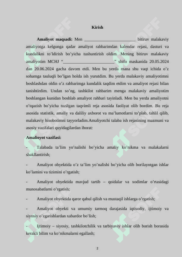 Shifo maskanida tibbiyot talabalari uchun amaliyot bo`yicha hisobot 2