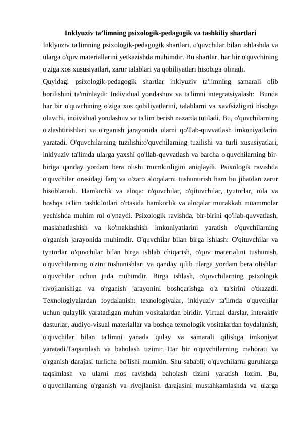 Inklyuziv ta’limning psixologik-pedagogik va tashkiliy shartlari