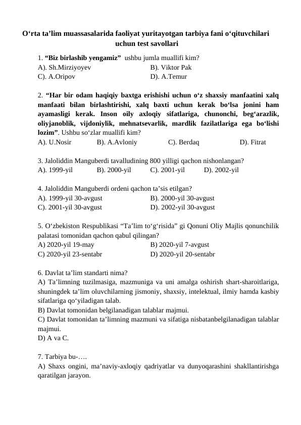 Tarbiya fanidan test savollari