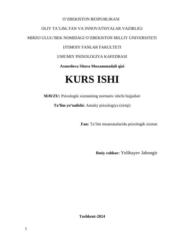 Psixologik xizmatning normativ ishchi hujjatlari