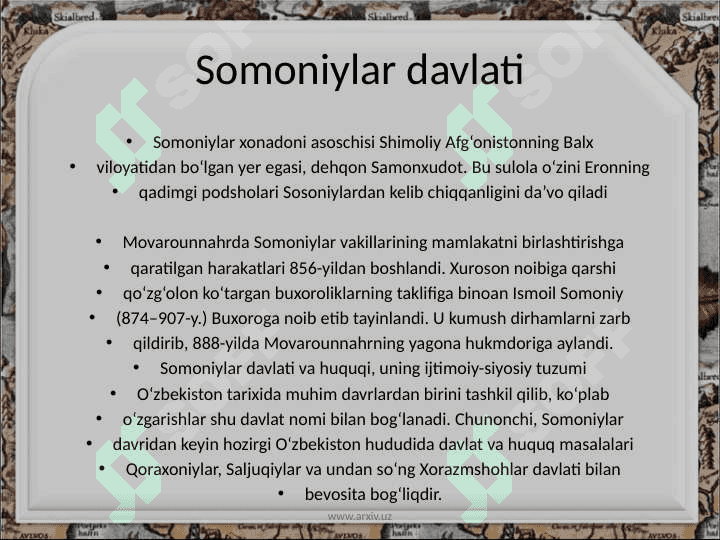 Toxiriylar Somoniylar qoraxoniylar G'aznaviylar Saljuqiylar Qoraxitoylar davri tarixiy geografiyasi 8