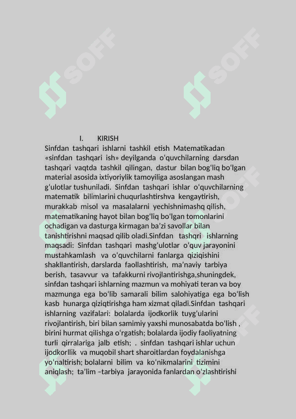 Boshlangʻich sinflarda matematika fanidan sinfdan tashqari ishlarni oʻtkazish.Matematik kechalar toʻgaraklarni tashkil etish.Qiziqarli aqlni charxlovchi matematik oʻyinlar 2