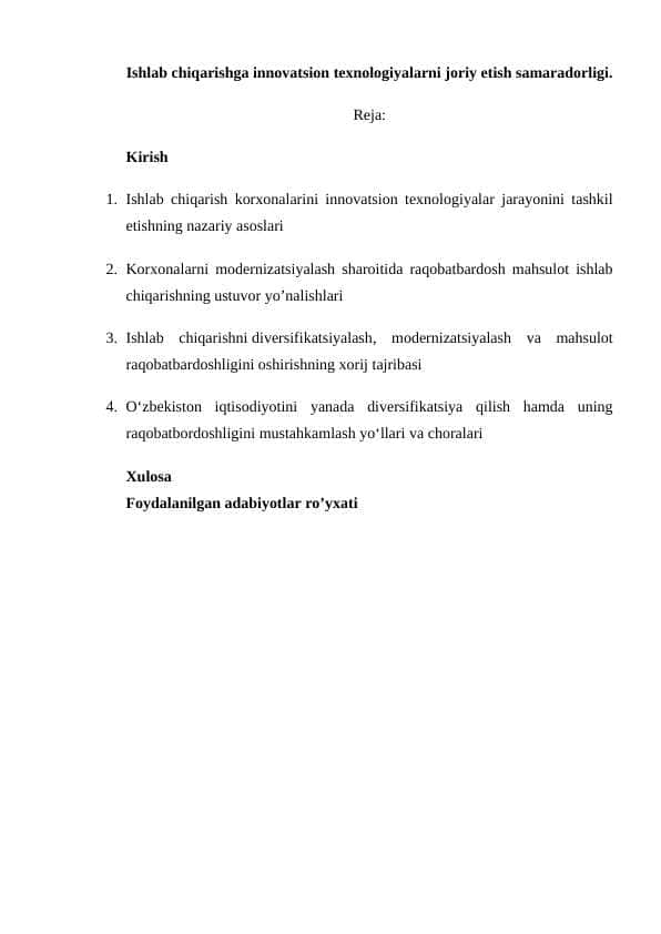 Ishlab chiqarishga innovatsion texnologiyalarni joriy etish samaradorligi.