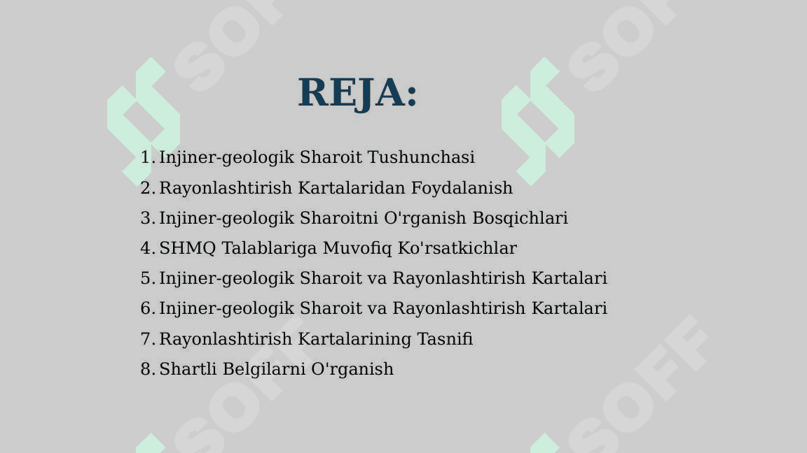 ShMQ talablari asosida ma’lum maydonning injiner-geologik sharoit hamda injiner-geologik rayonlashtirish kartalarini tuzish va ularning shartli belgilari 2