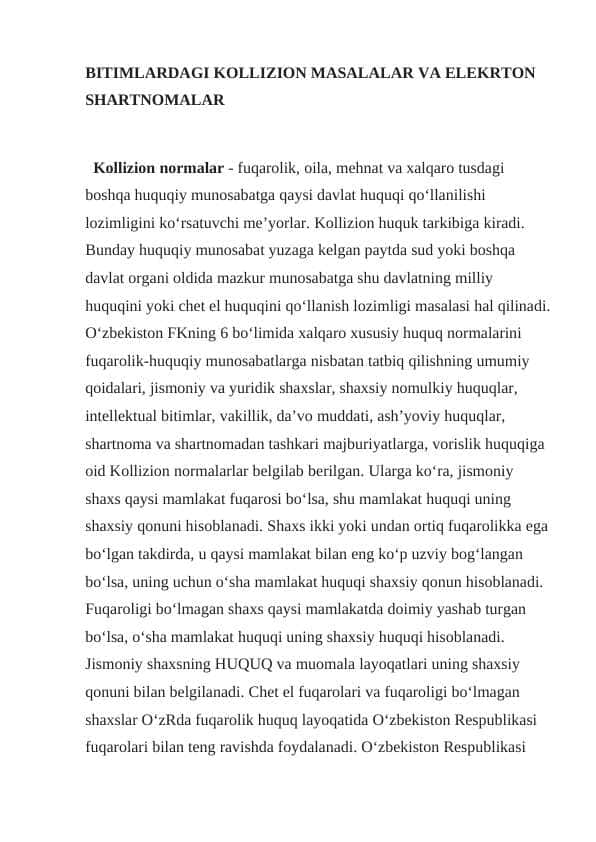 BITIMLARDAGI KOLLIZION MASALALAR VA ELEKRTON SHARTNOMALAR