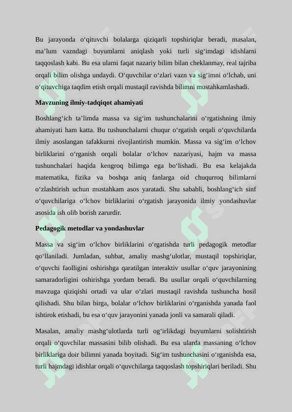 Massa, sigʼim oʻlchov birliklarini oʻrgatish metodikasi 4